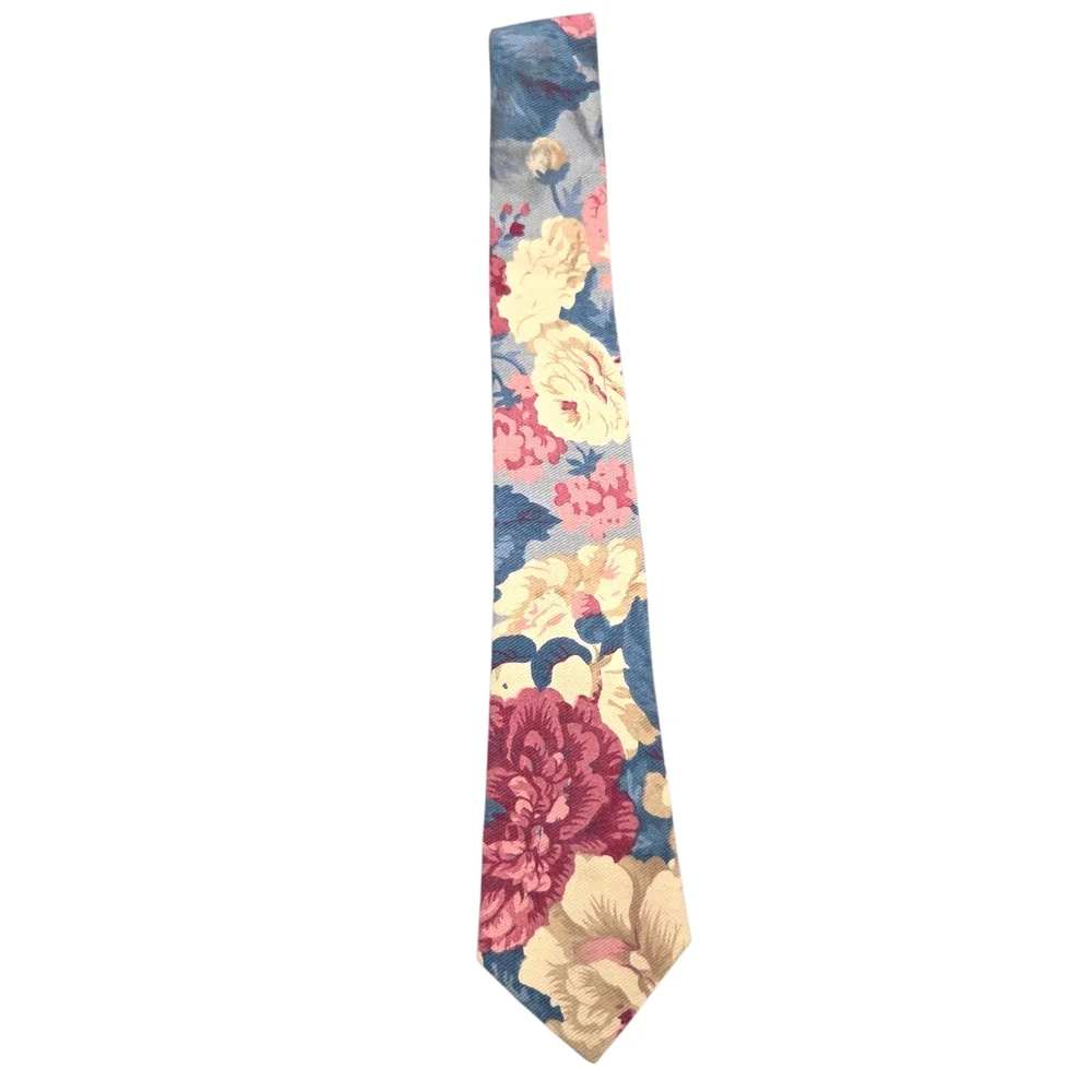 Vintage Floral Cotton Twill Tie - Blue, Cream, & Pink Rose Botanical Print EUC